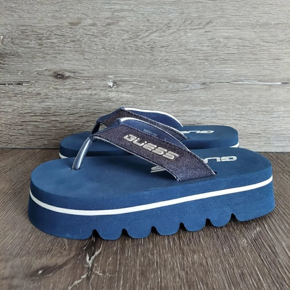 Vintage Guess Platform Flip Flops Sandals Blue White Size 5